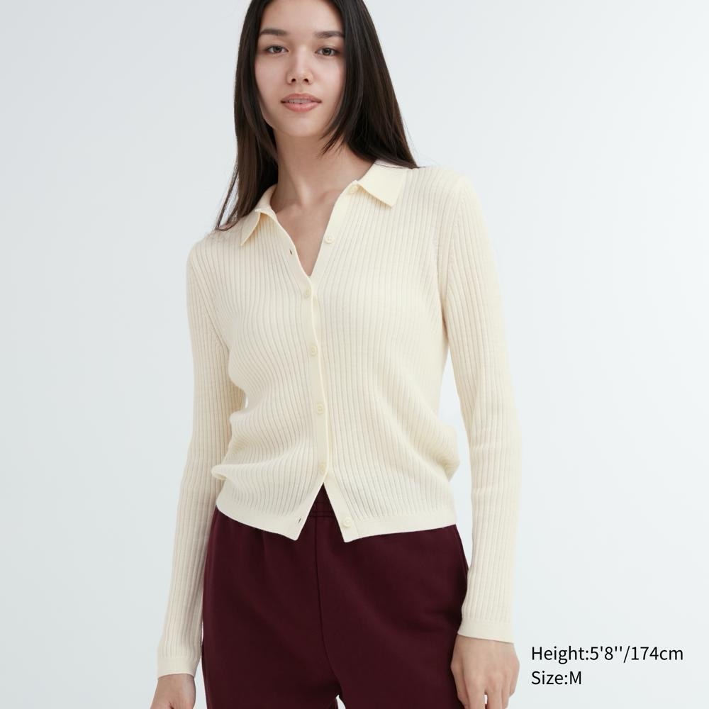 Uniqlo white merino wool collared ribbed cardigan polo